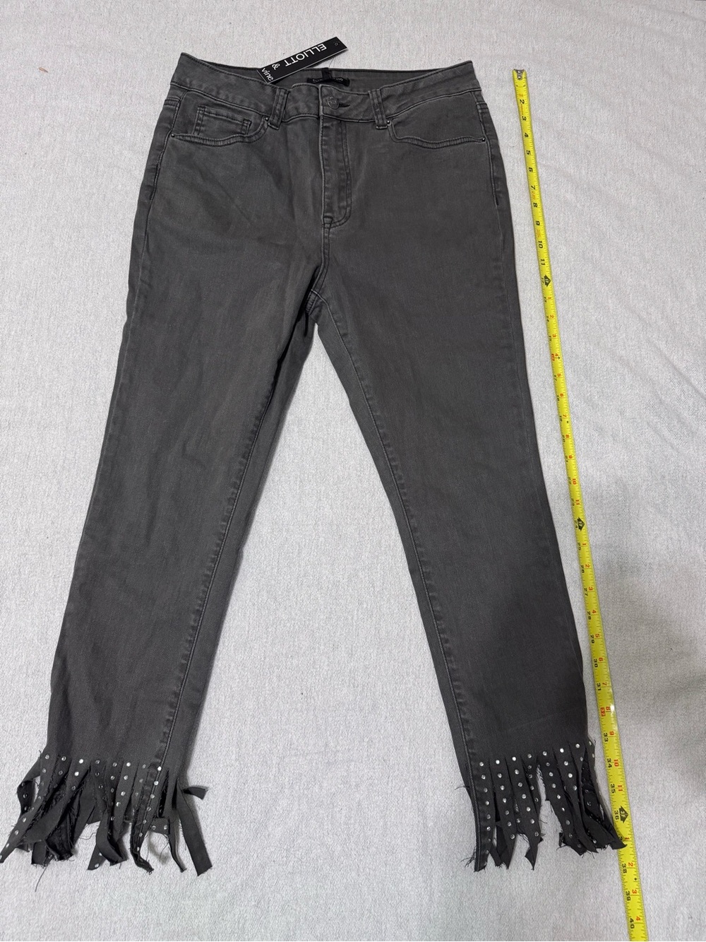 Elliott and Vine Women's Charcoal Fringe Hem Capris w/ Rhinestone Embellishments